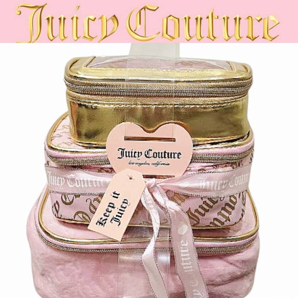 Juicy Couture Signature Logo Velour & Transparent Set of‎ 3 Cosmetic Bags